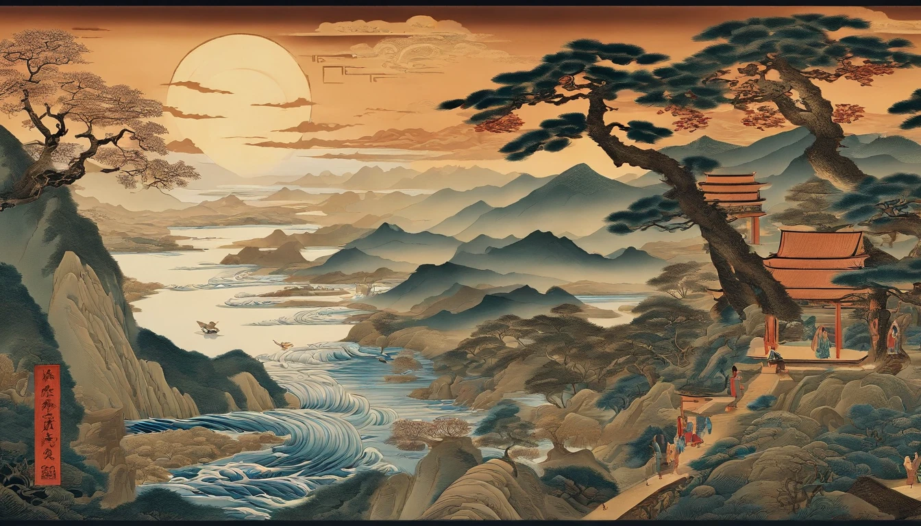 Yamakawa，rios，Sun，Mountain and Sea Skylark Scroll，Ancient mythology《Mountain and Sea Sutra》，mythological beasts，Epic composition，shadowing，National style