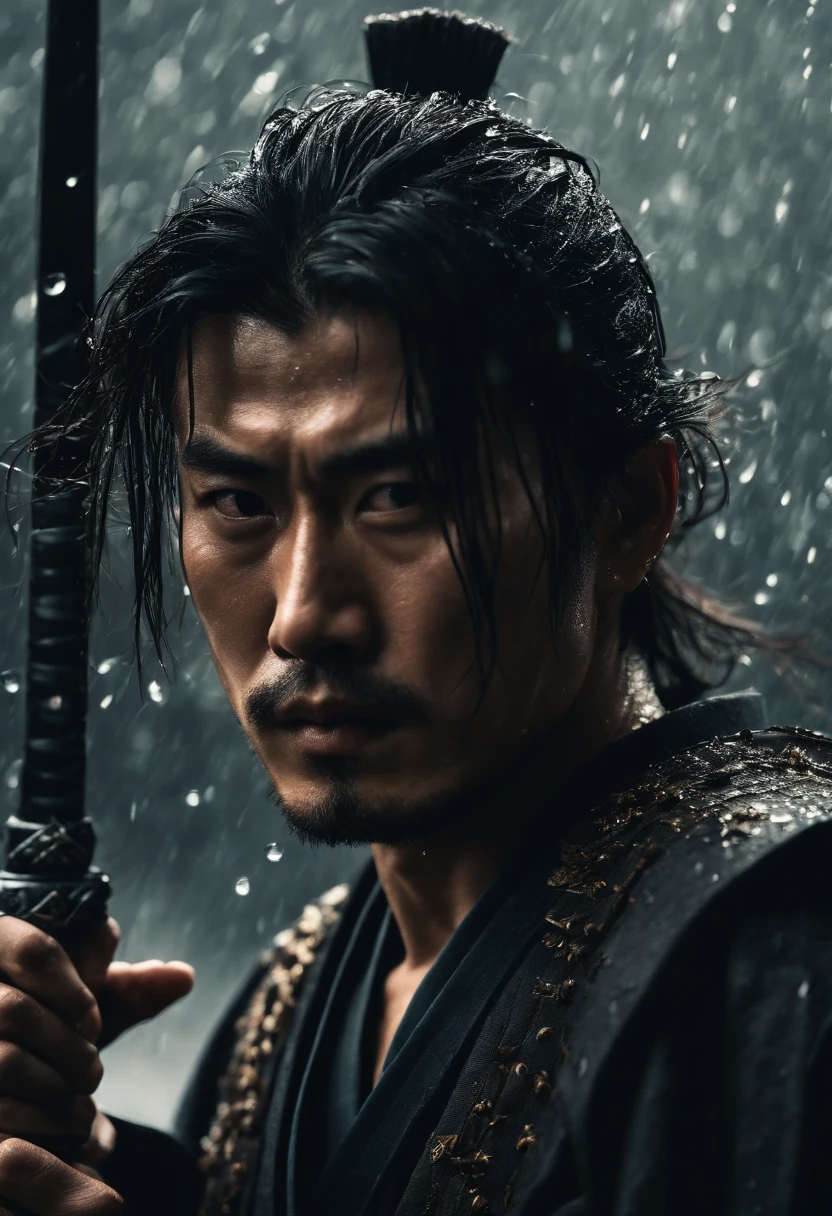 A Japanese swordsman, wearing a black haori, katana on waist, cinematic,water droplets, raining,in the middle of a battlefield, surrounded by other samurai,short spiky hair,laid back hair,scar on face