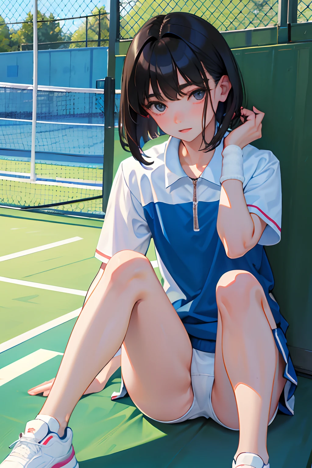 (masterpiece,Highest Quality),(),(Tennis Wear),(A dark-haired,Medium bob),embarrassed from,Delicate body