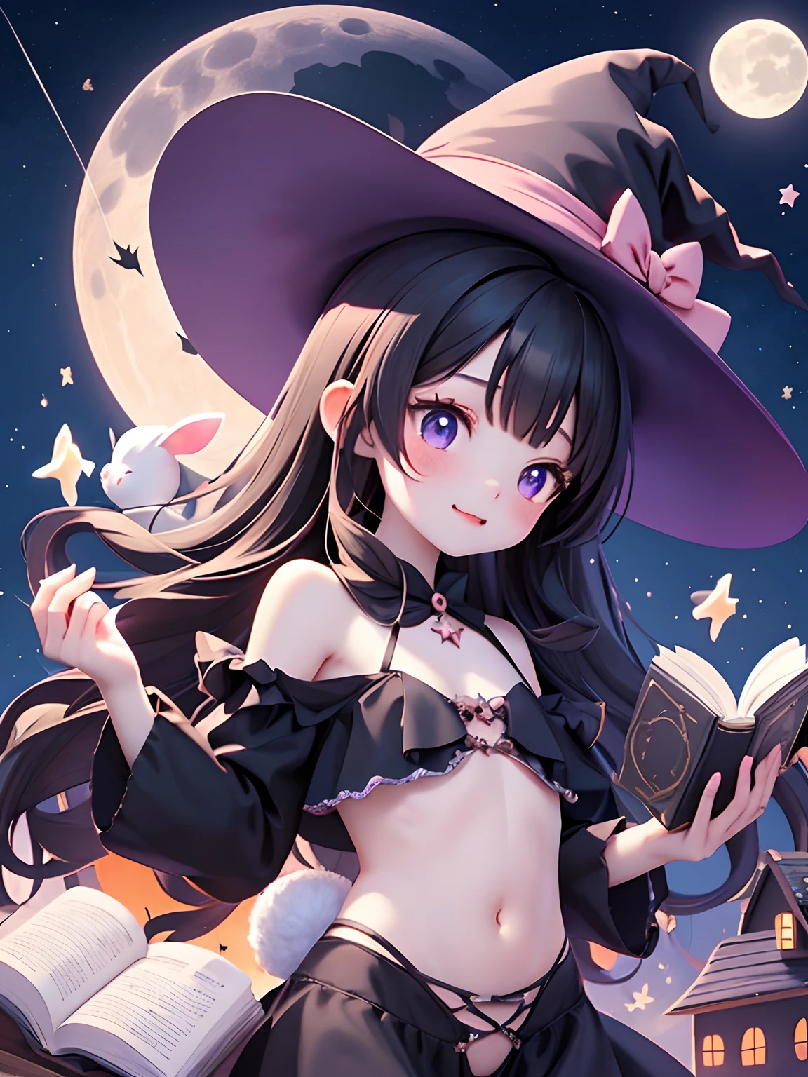 Witch,Navel out、off shoulders、 (pureerosface_v1:0.7)、Witch, Magic, spell book, potions, walls, kettle, doress, Pointed hat, Broomstick, Mysterious rabbit, fullmoon, Stars, shooting stars、Candlelight, crystalline, An enchanted forest, (House of sweets)、Fantastic sky colors、Flying, Levitating, casting spell,Halloween、NSFW