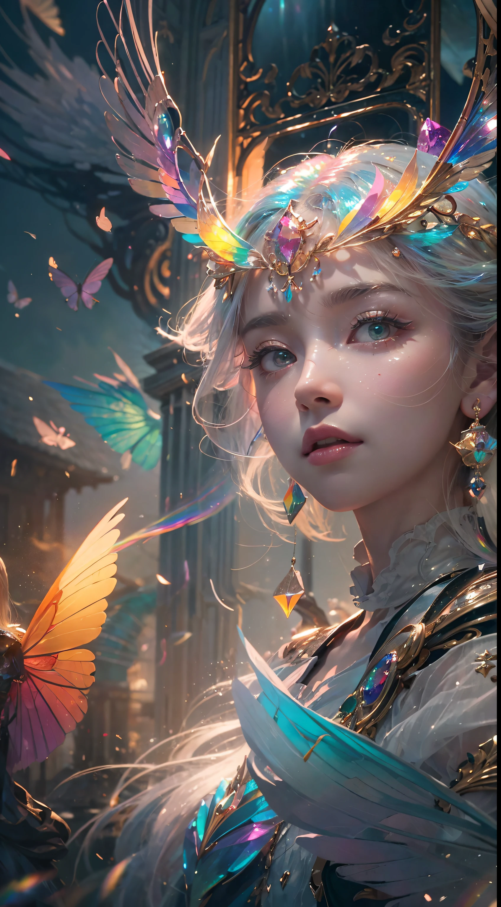 (((masterpiece))), (((best quality))), ((ultra-detailed)),(highly detailed CG illustration), ((an extremely delicate and beautiful)),cinematic light, Create a stunning fantasy artwork that mimics the style of currently trending masters of the genre. The art piece should contain elements of both mythic fantasy and fairytale fantasy with dreamy rainbow accents. ((Utilize the rainbow as the main color scheme.)) The character in the artwork is a delicate but strong petite figure with an aura of mystery and magic and (beautiful translucent rainbow wings). Pay close attention to intricate facial features, such as mesmerizing eyes with vibrant colors and bold shading. The character's clothing should be designed with gossamer feathers, silk, stunning embroidery, and subtle iridescent details. Incorporate (((translucent rainbows))), dreamy colors, dynamic lighting, and detailed background elements to create a sense of awe and immersion. Include colorful flying magical birds and jewel-toned rainbow butterflies radiating a magical aura. Consider the latest trends in fantasy art, such as incorporating unique lighting effects, exploring dynamic and compelling composition techniques, and experimenting with unique color palettes. Take inspiration from the top artists on ArtStation and Midjourney. Camera: Choose an angle that highlights the character's beauty and enhances the magical majesty of the artwork. Lighting: Utilize atmospheric lighting techniques to create depth and mood. Resolution: Aim for a high-resolution artwork to showcase intricate details and clarity. Art Inspirations: Seek inspiration from the trending artists on ArtStation, exploring different styles, genres, and themes,(8K, RAW photo, highest quality),Realistic,facade,Intricate detail,Extremely detailed eyes and eyelashes,Portrait,Close-up,, digital SLR camera, super quality, Fujifilm realistic, vivid details, surreal, beautiful wallpapers, 8k, best quality, masterpiece, extremely detailed, pc graphics, unity,