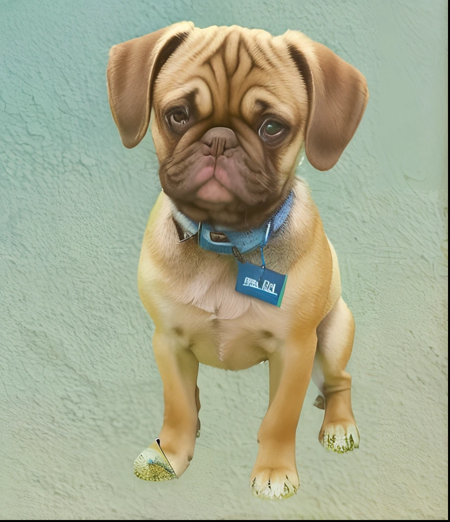 An Aravi dog with a blue tag on its collar stands in front of the wall, sad expressions, Pug face, Evil pug, an ai generated image, portrait of ultra realistic, ultra-realistic picture, with a sad expression, frowning expression, Frowning, made with photoshop, wrinkle, pug, drawn with photoshop