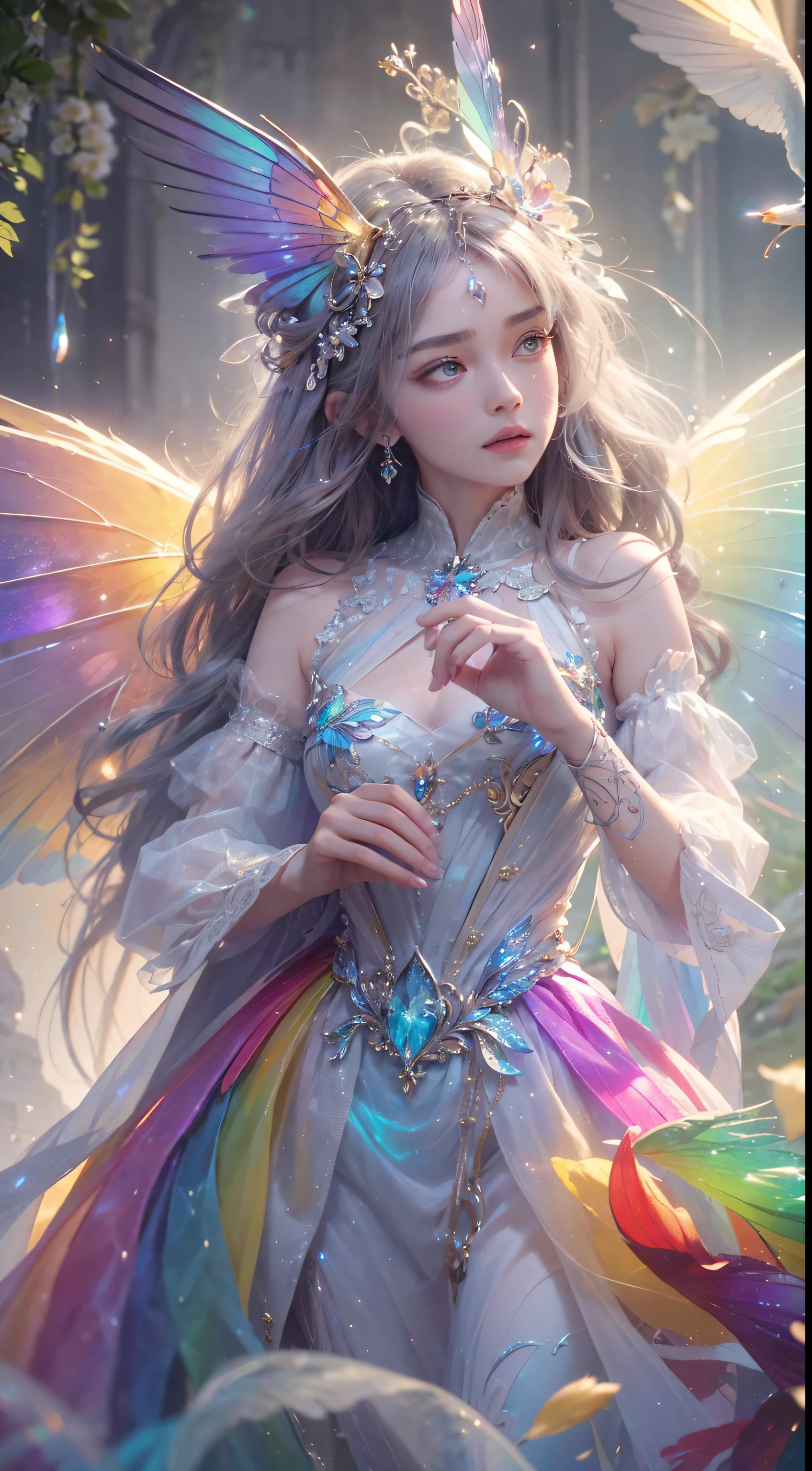 (((masterpiece))), (((best quality))), ((ultra-detailed)),(highly detailed CG illustration), ((an extremely delicate and beautiful)),cinematic light, Create a stunning fantasy artwork that mimics the style of currently trending masters of the genre. The art piece should contain elements of both mythic fantasy and fairytale fantasy with dreamy rainbow accents. ((Utilize the rainbow as the main color scheme.)) The character in the artwork is a delicate but strong petite figure with an aura of mystery and magic and (beautiful translucent rainbow wings). Pay close attention to intricate facial features, such as mesmerizing eyes with vibrant colors and bold shading. The character's clothing should be designed with gossamer feathers, silk, stunning embroidery, and subtle iridescent details. Incorporate (((translucent rainbows))), dreamy colors, dynamic lighting, and detailed background elements to create a sense of awe and immersion. Include colorful flying magical birds and jewel-toned rainbow butterflies radiating a magical aura. Consider the latest trends in fantasy art, such as incorporating unique lighting effects, exploring dynamic and compelling composition techniques, and experimenting with unique color palettes. Take inspiration from the top artists on ArtStation and Midjourney. Camera: Choose an angle that highlights the character's beauty and enhances the magical majesty of the artwork. Lighting: Utilize atmospheric lighting techniques to create depth and mood. Resolution: Aim for a high-resolution artwork to showcase intricate details and clarity. Art Inspirations: Seek inspiration from the trending artists on ArtStation, exploring different styles, genres, and themes,(8K, RAW photo, highest quality),Realistic,facade,Intricate detail,Extremely detailed eyes and eyelashes,Portrait,Close-up,, digital SLR camera, super quality, Fujifilm realistic, vivid details, surreal, beautiful wallpapers, 8k, best quality, masterpiece, extremely detailed, pc graphics, unity,