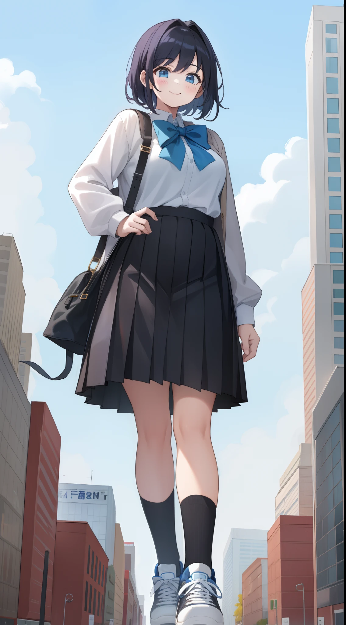 Huge boyish girl in sneakers、Taller than the building、School Uniform、Black socks、skirt by the、small tits、a smile
