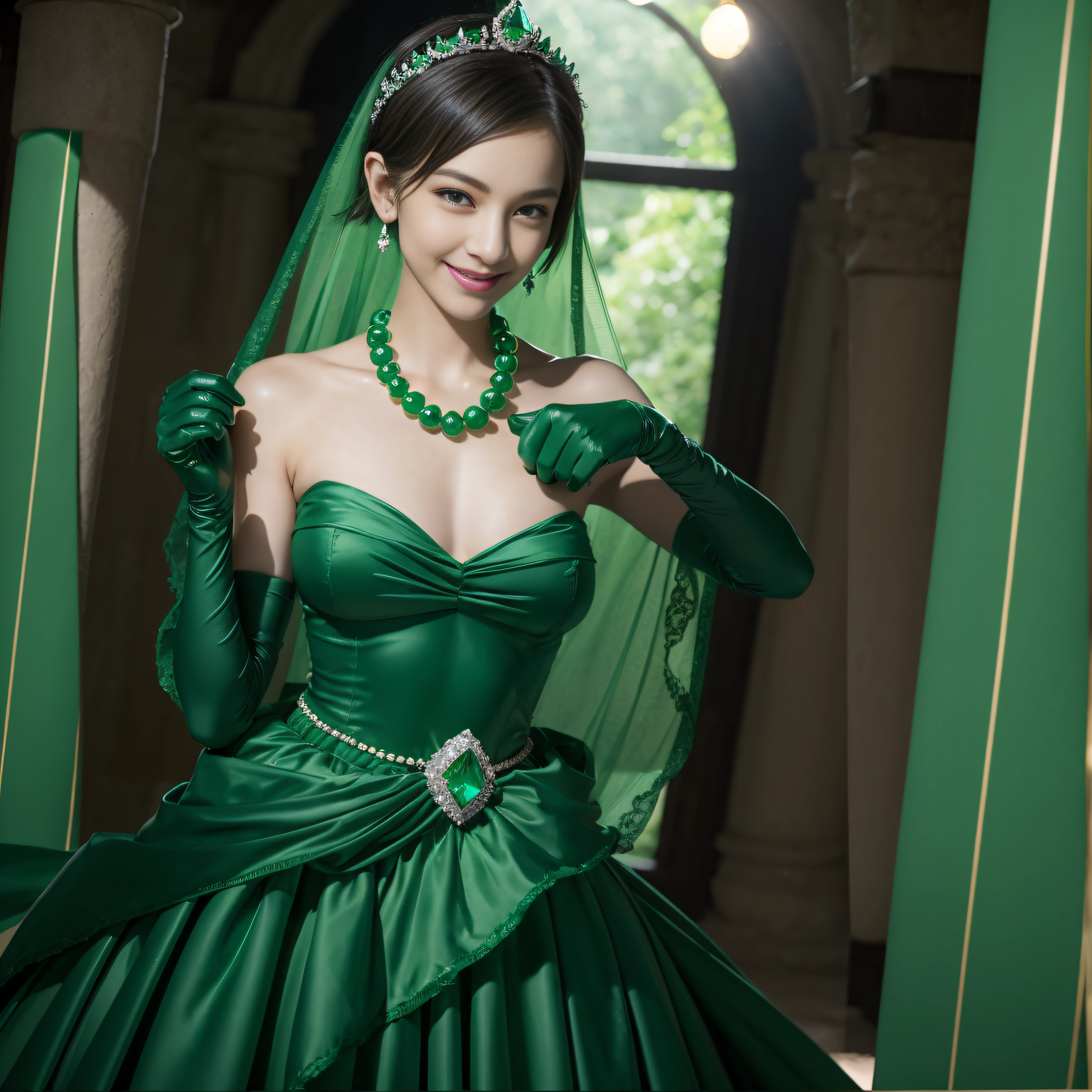 emerald tiara, Green Pearl Necklace, Boyish very short green hair, lipsticks, Japan woman smiling, very short short hair, fist, beautiful, Green eyes, Long green gloves made of satin material, Green eyes, Emerald Earrings, lesbian ,th