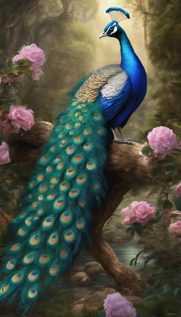 a close up of a peacock on a tree with flowers, beautiful and graceful, blue phoenix bird, show his beautiful tail ,peacock. intricate, peaceful and graceful, peacock in the desert, detailed beautiful animals, peacock, 4 k highly detailed art, beautiful and elegant, detailed painting 4 k, beautiful masterpiece, 8k high quality detailed art