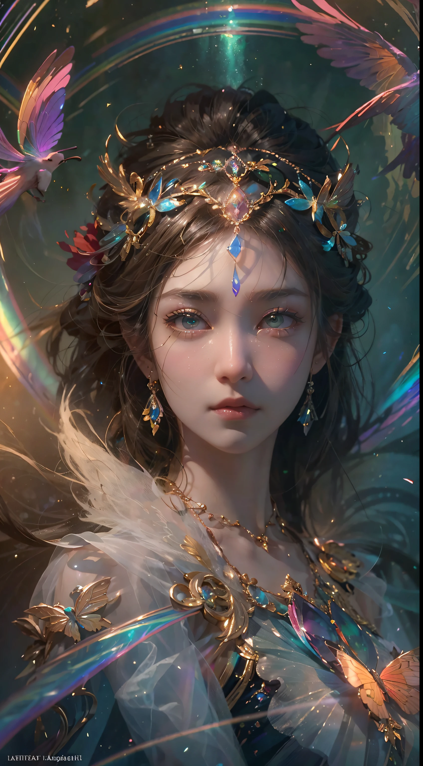 (((masterpiece))), (((best quality))), ((ultra-detailed)),(highly detailed CG illustration), ((an extremely delicate and beautiful)),cinematic light, Create a stunning fantasy artwork that mimics the style of currently trending masters of the genre. The art piece should contain elements of both mythic fantasy and fairytale fantasy with dreamy rainbow accents. ((Utilize the rainbow as the main color scheme.)) The character in the artwork is a delicate but strong petite figure with an aura of mystery and magic and (beautiful translucent rainbow wings). Pay close attention to intricate facial features, such as mesmerizing eyes with vibrant colors and bold shading. The character's clothing should be designed with gossamer feathers, silk, stunning embroidery, and subtle iridescent details. Incorporate (((translucent rainbows))), dreamy colors, dynamic lighting, and detailed background elements to create a sense of awe and immersion. Include colorful flying magical birds and jewel-toned rainbow butterflies radiating a magical aura. Consider the latest trends in fantasy art, such as incorporating unique lighting effects, exploring dynamic and compelling composition techniques, and experimenting with unique color palettes. Take inspiration from the top artists on ArtStation and Midjourney. Camera: Choose an angle that highlights the character's beauty and enhances the magical majesty of the artwork. Lighting: Utilize atmospheric lighting techniques to create depth and mood. Resolution: Aim for a high-resolution artwork to showcase intricate details and clarity. Art Inspirations: Seek inspiration from the trending artists on ArtStation, exploring different styles, genres, and themes,(8K, RAW photo, highest quality),Realistic,facade,Intricate detail,Extremely detailed eyes and eyelashes,Portrait,Close-up,, digital SLR camera, super quality, Fujifilm realistic, vivid details, surreal, beautiful wallpapers, 8k, best quality, masterpiece, extremely detailed, pc graphics, unity,