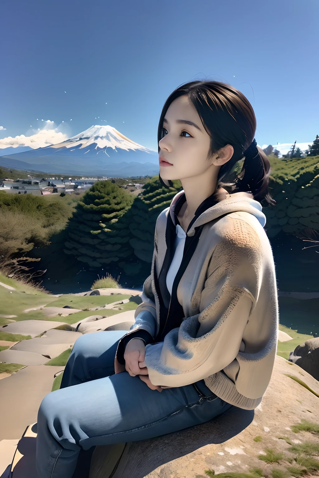 top-quality、masuter piece、ultra-detailliert、8ｋ、独奏、parfect anatomy、、(((Girl sitting on a huge rock looking at the sky、up looking_Away:1.2、Looking at the sky)))、From Side、knit hat、Greyprint Hoodie、Straight Old Denim、bare-legged、Night、starrysky、fullmoon、milkyway、blurry backround:1.5、plein air、mont、You can see Mt. Fuji、