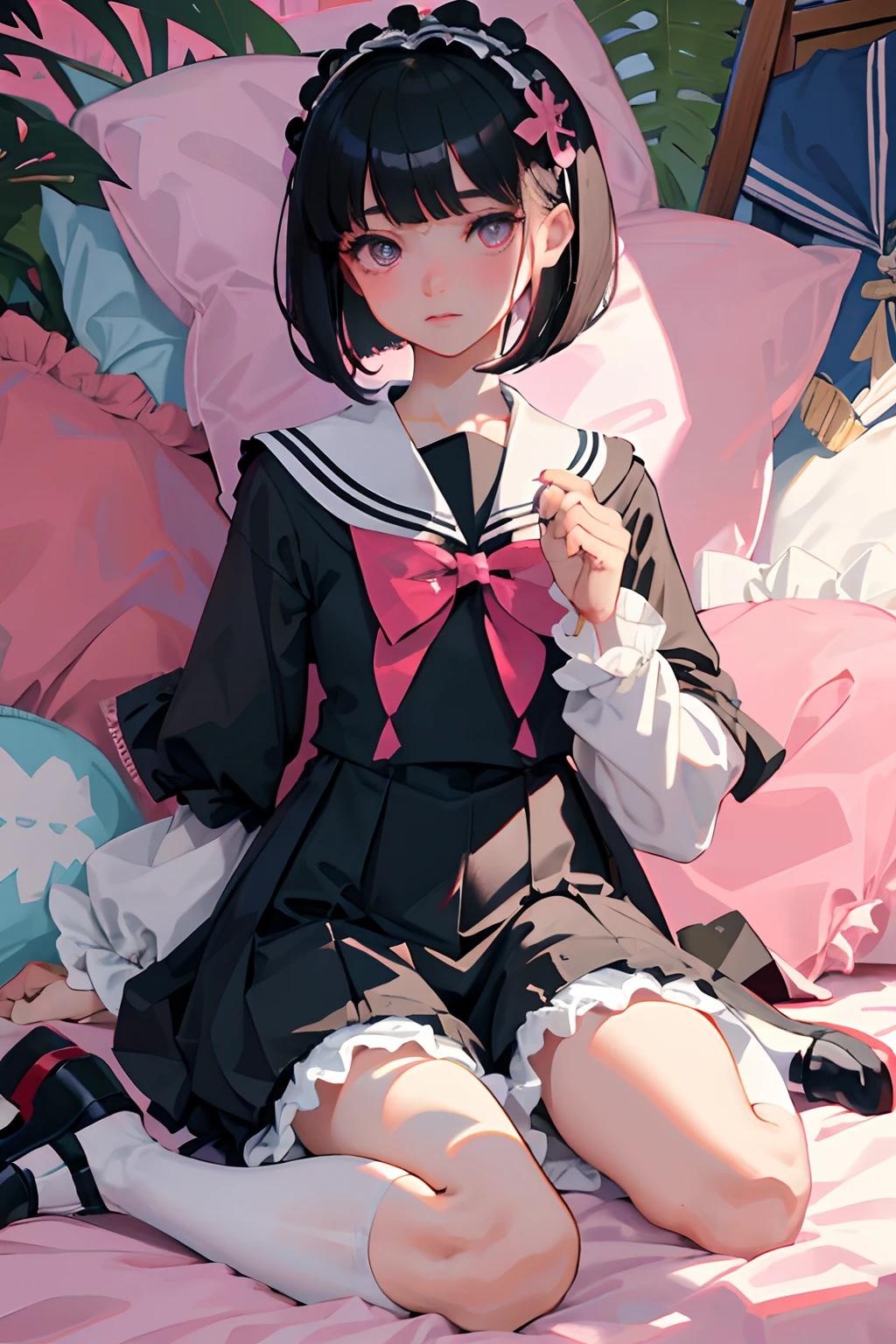 wariza，（​masterpiece，Highest Quality），(child)，((Black ta Clothes，a sailor suit))，(A dark-haired，Medium bob)，Light pink eyes，embarrassed from，sleepy expression，Delicate body，School