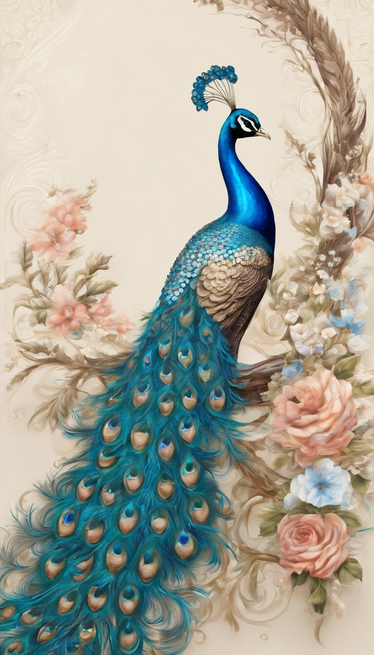a peacock with flowers on a branch, beautiful and graceful, beautiful and elegant, detailed beautiful tail, 8k high quality detailed art, peacock, peacock colors, peacock in the desert, peacock. intricate, blue phoenix bird, beautiful animal pearl queen, beautiful design, beautiful art, stunning beautiful