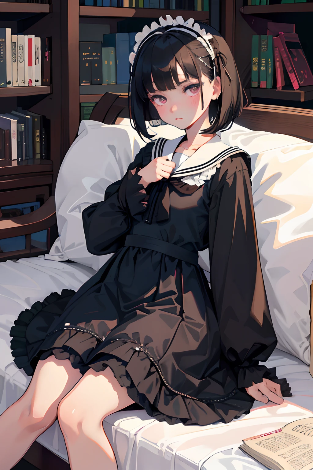 wariza,(masterpiece,Highest Quality),(child),((Black Lolita Clothes,a sailor suit)),(A dark-haired,Medium bob),Light pink eyes,embarrassed from,sleepy expression,Delicate body,School
