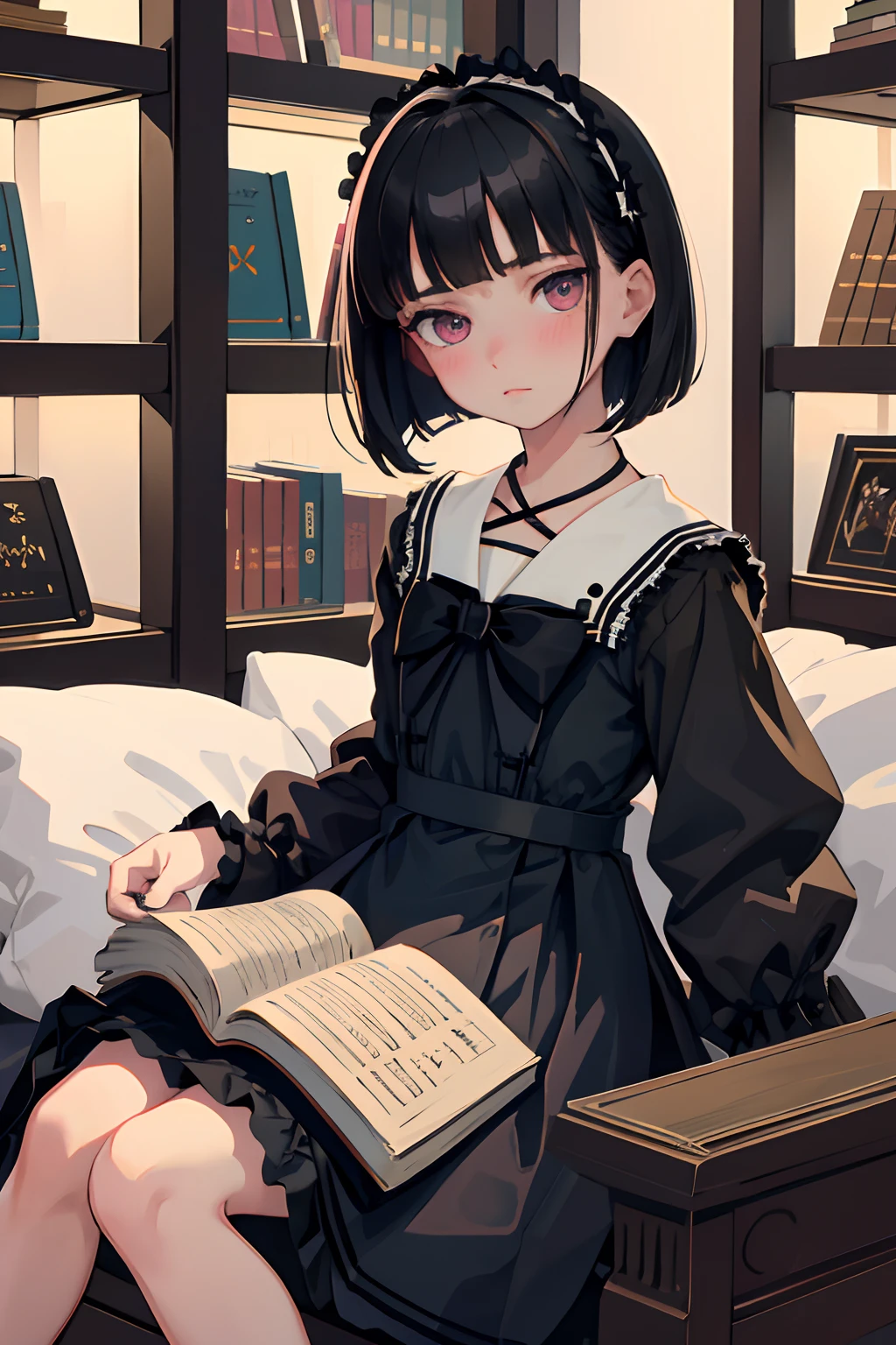 wariza，（​masterpiece，Highest Quality），(child)，((Black ****ta Clothes，Black sailor suit))，(A dark-haired，Medium bob)，Light pink eyes，embarrassed from，sleepy expression，Delicate body，atlibrary，bookstore