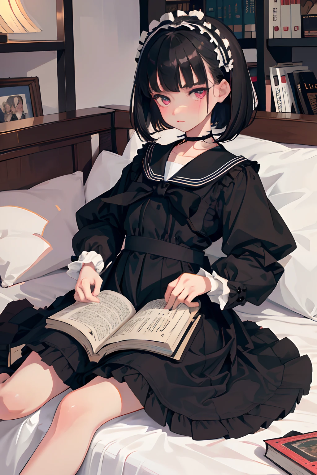wariza,(masterpiece,Highest Quality),(child),((Black Lolita Clothes,Black sailor suit)),(A dark-haired,Medium bob),Light pink eyes,embarrassed from,sleepy expression,Delicate body,atlibrary,bookstore