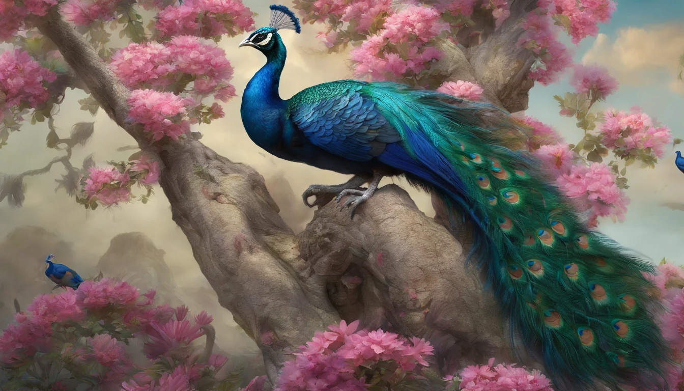 a peacock on a tree with flowers, beautiful and graceful, blue phoenix bird, show his beautiful tail ,peacock. intricate, peaceful and graceful, peacock in the desert, detailed beautiful animals, peacock, 4 k highly detailed art, beautiful and elegant, detailed painting 4 k, beautiful masterpiece, 8k high quality detailed art