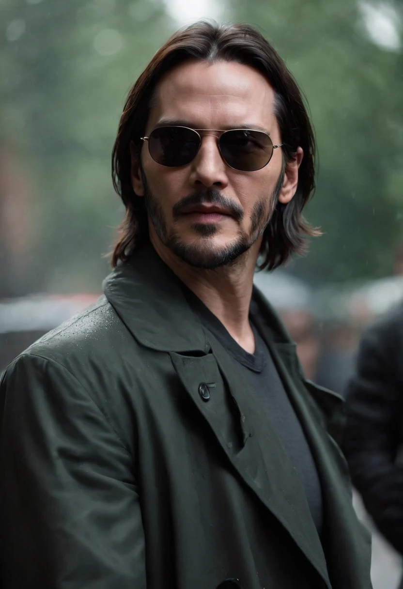 Keanu Reeves,Wears a long black trench coat,With sunglasses,heavy rain,Ready to take off,Dark green color scheme,Surrounded by a lot of agents in black suits,Cyberpunk Style