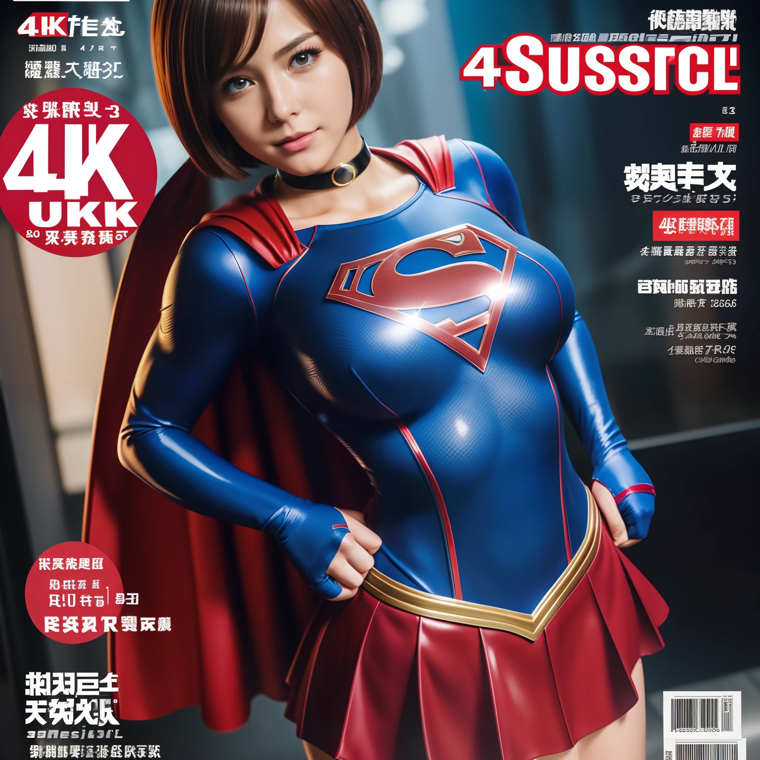 (Best Quality,4K,8K,hight resolution,masutepiece:1.2),Ultra-detailed,Realistic:1.37,Super masterpiece,Short-haired Supergirl、large full breasts、Looking at the camera、Glossy costume、a choker、Too short miniskirt、Weekly magazine cover、Powerful Pose、