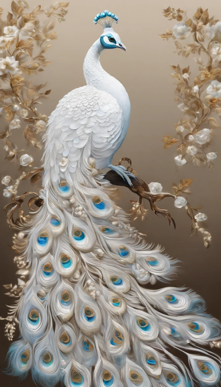 a white peacock with flowers on a branch, beautiful and graceful, beautiful and elegant, detailed beautiful tail, 8k high quality detailed art, peacock, peacock colors, peacock in the desert, peacock. intricate, blue phoenix bird, beautiful animal pearl queen, beautiful design, beautiful art, stunning beautiful
