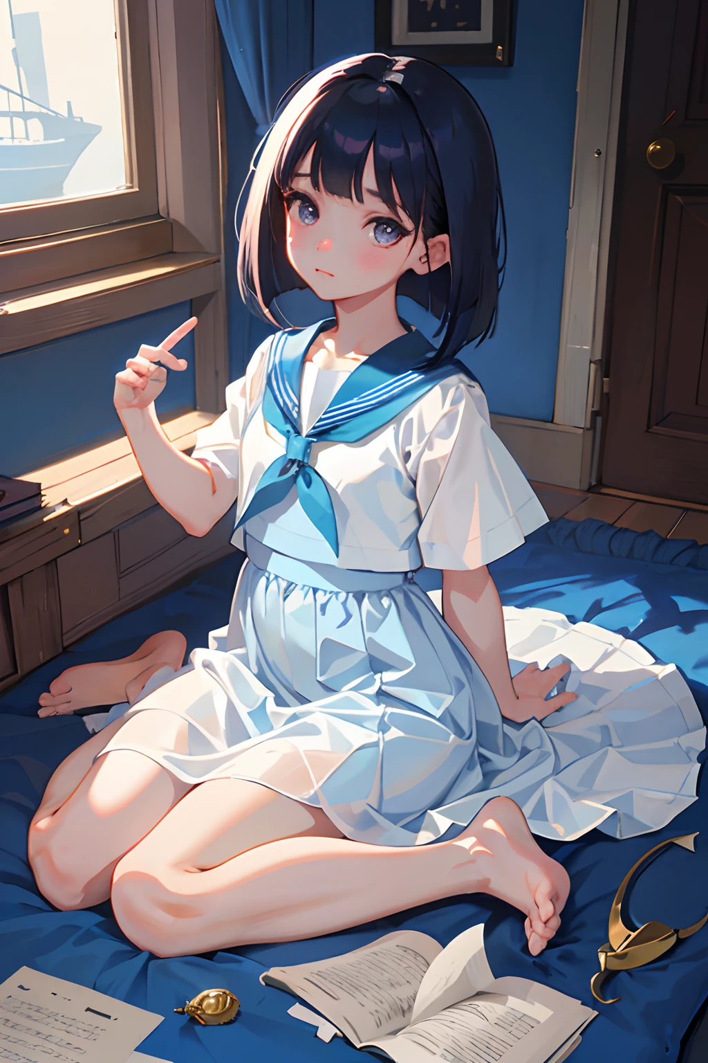 wariza,(masterpiece,Highest Quality),(child),((Light blue sailor suit,long skirt)),(A dark-haired,Medium bob),Light pink eyes,embarrassed from,sleepy expression,Delicate body,School