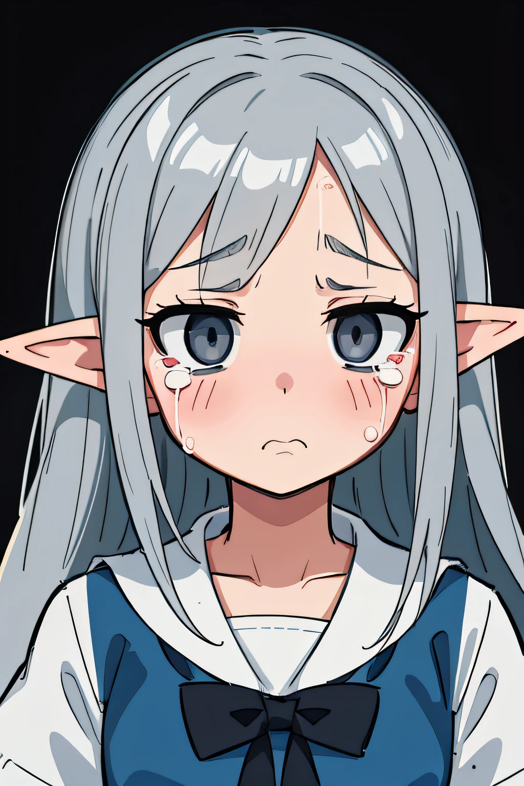 The emotion of sadness personifies,Elf look,girl,expression sad,Sagged Eyes,The corners of the mouth are downward,Has tearful cheeks,The skin tone is a cool gray