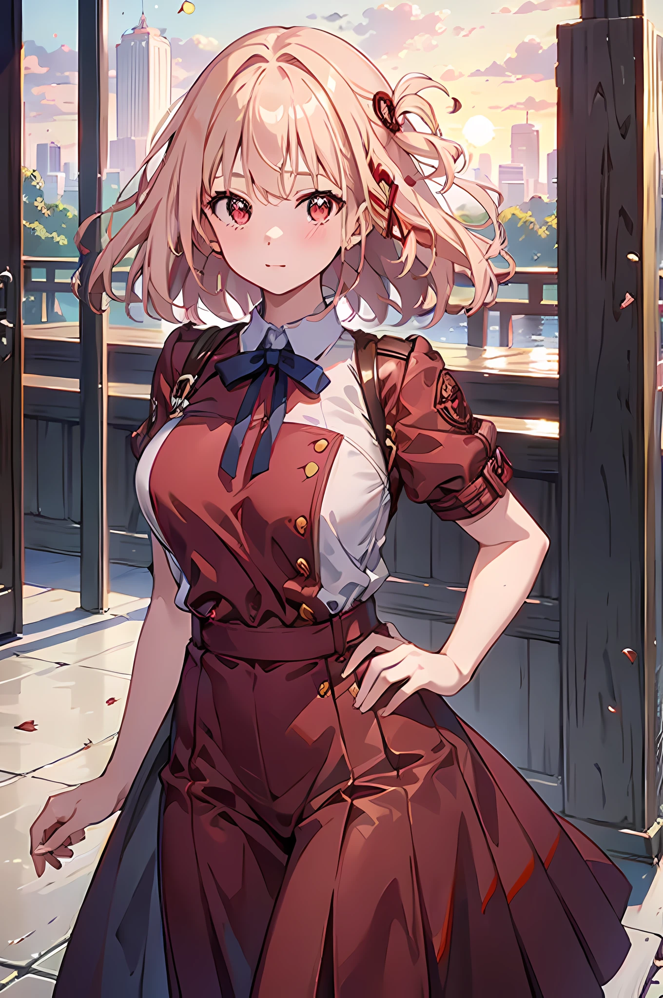 (blushed red,cute,shy,looking at viewer,cute pose,perfect eyes,masterpiece,Suburban,twilight,sunset,perfect background,simple background,highres) A cute girl stands in a Suburban setting, with the twilight sky creating a beautiful sunset backdrop. Her cheeks are blushed red, showcasing her shyness and innocence. With a cute pose, she looks directly at the viewer with her perfect, captivating eyes. The entire scene is meticulously detailed, with every aspect of her being a true masterpiece. The artwork is of the highest quality, with ultra-detailed elements and a photorealistic style. The composition is focused on the girl, placed in a simple yet perfect background that enhances the overall aesthetics. The high-resolution image allows for every detail to be seen clearly, ensuring a visually stunning experience.