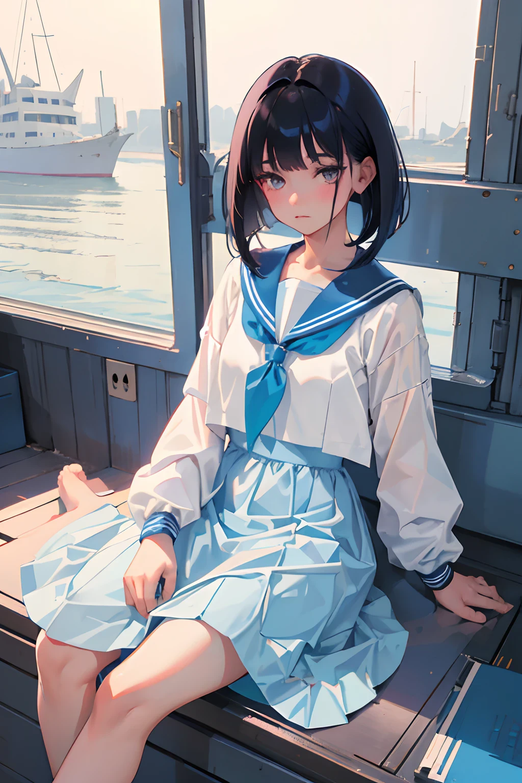 wariza，（​masterpiece，Highest Quality），()，((Light blue sailor suit，long  skirt))，(A dark-haired，Medium bob)，Light pink eyes，embarrassed from，sleepy expression，Delicate body，School