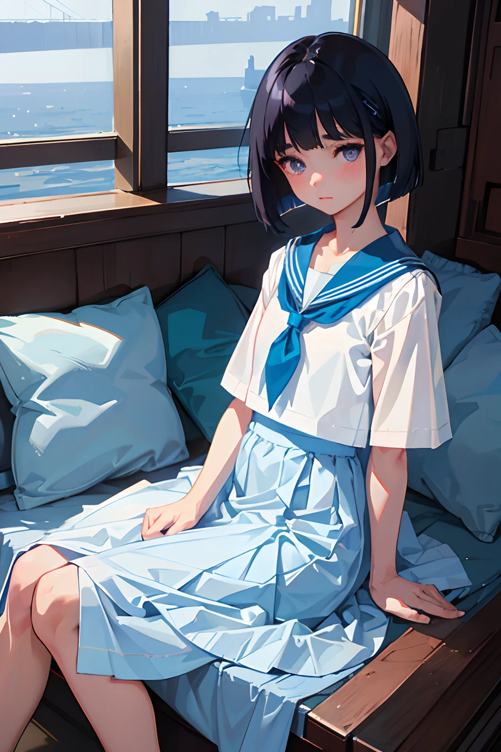 Anime girl sitting on a bench in front of a window - SeaArt AI