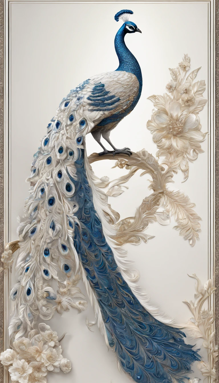 a white peacock with flowers on a branch, beautiful and graceful, beautiful and elegant, detailed beautiful tail, 8k high quality detailed art, peacock, peacock colors, peacock in the desert, peacock. intricate, blue phoenix bird, beautiful animal pearl queen, beautiful design, beautiful art, stunning beautiful