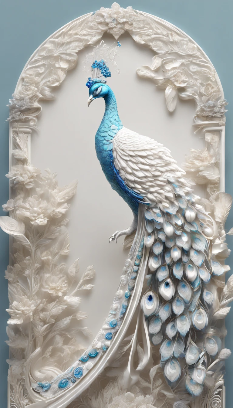 a white peacock with flowers on a branch, beautiful and graceful, beautiful and elegant, detailed beautiful tail, 8k high quality detailed art, peacock, peacock colors, peacock in the desert, peacock. intricate, blue phoenix bird, beautiful animal pearl queen, beautiful design, beautiful art, stunning beautiful