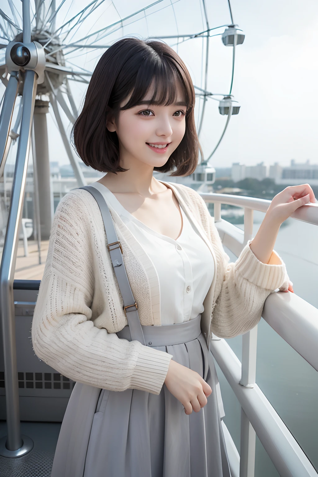 Photo Real、photoRealstic、girl1　A dark-haired、Light bangs、half up、short-hair、Hair splashing outward　with round face　Laughing expression、Facial expressions to enjoy、View here　White cardigan、Gray long skirt　Background with、Inside the Ferris wheel、Views of heights