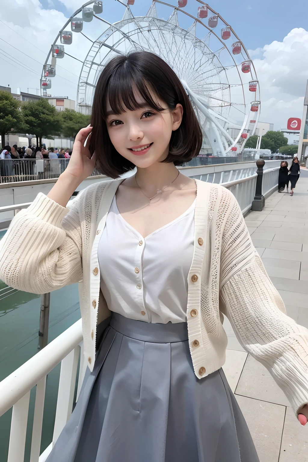 Photo Real、photoRealstic、girl1　A dark-haired、Light bangs、half up、short-hair、Hair splashing outward　with round face　Laughing expression、Facial expressions to enjoy、View here　White cardigan、Gray long skirt　Background with、Inside the Ferris wheel、Views of heights