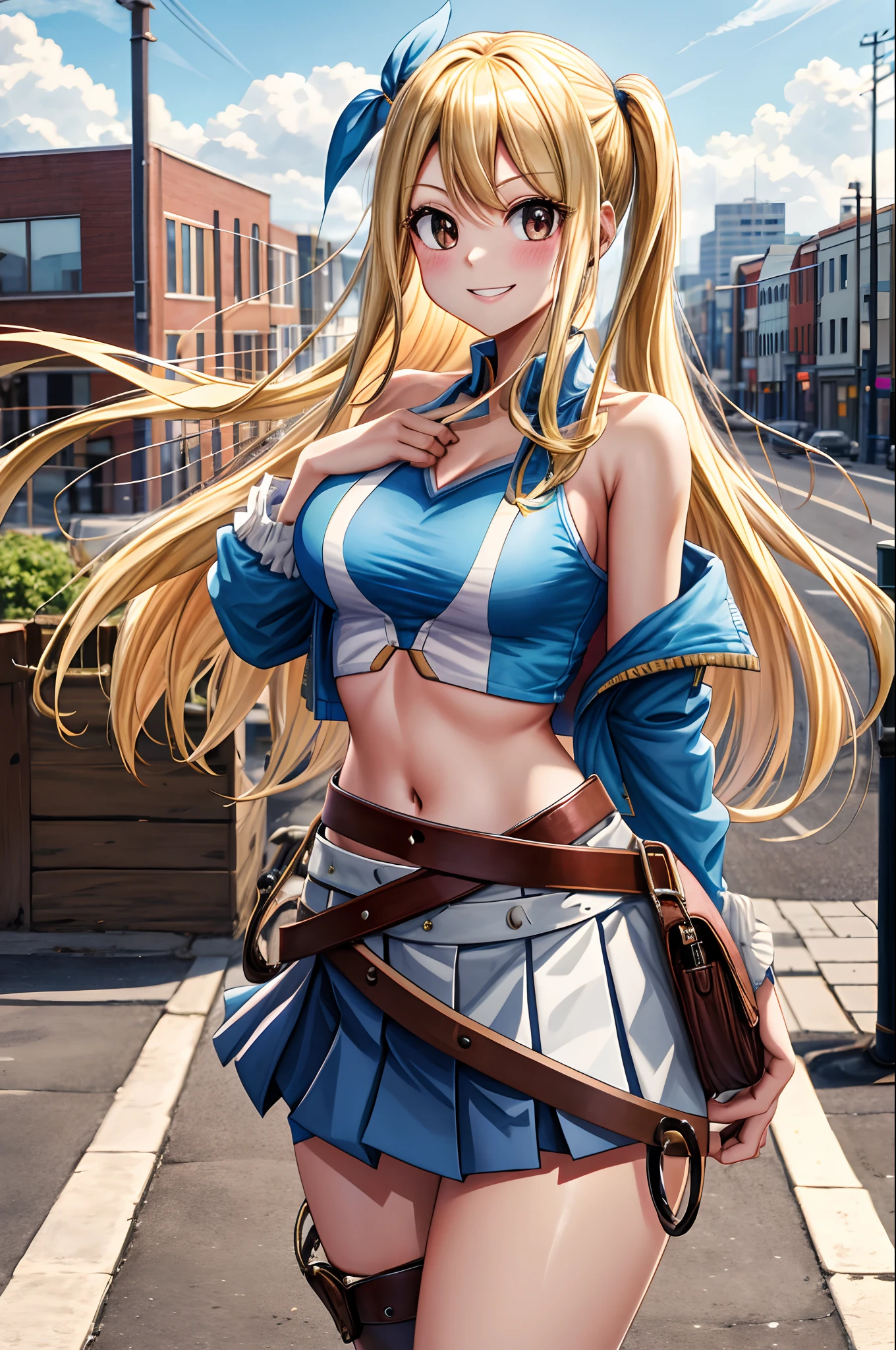masterpiece, best quality, highres, lucy heartfilia, blonde hair, long hair, large breasts, jacket, crop top, bare shoulder, show stomach, belt, pleated skirt, cowboy shot, standing, looking at viewer, city road, outdoor, modern city road, blush, shy, smile, show teeth, stocking,