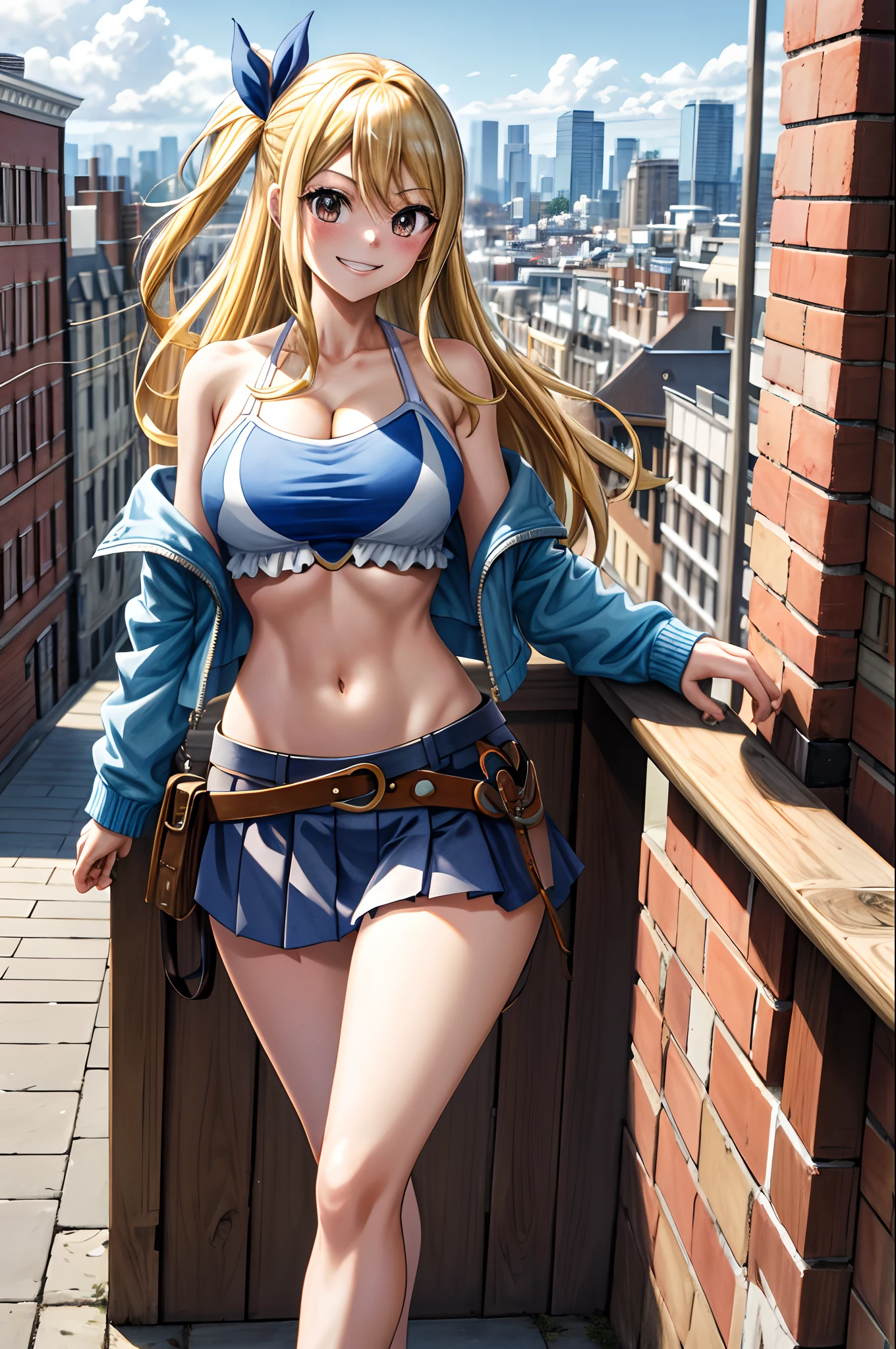 masterpiece, best quality, highres, lucy heartfilia, blonde hair, long hair, large breasts, jacket, crop top, bare shoulder, show stomach, belt, pleated skirt, cowboy shot, standing, looking at viewer, city road, outdoor, modern city road, blush, shy, smile, show teeth, stocking,