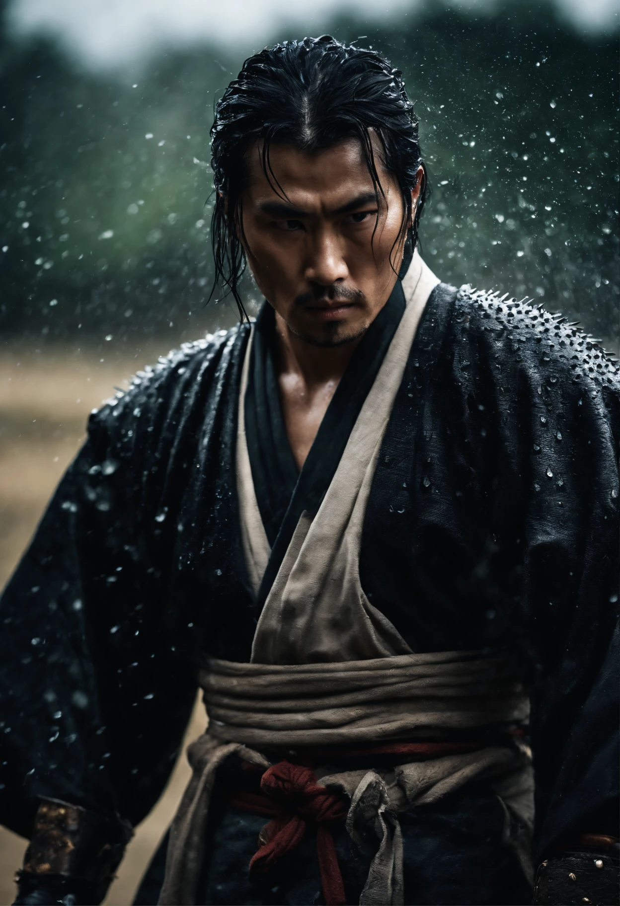 A Japanese swordsman, wearing a black haori, katana on waist, cinematic,water droplets, raining,in the middle of a battlefield, surrounded by other samurai,short spiky hair,laid back hair,scar on face