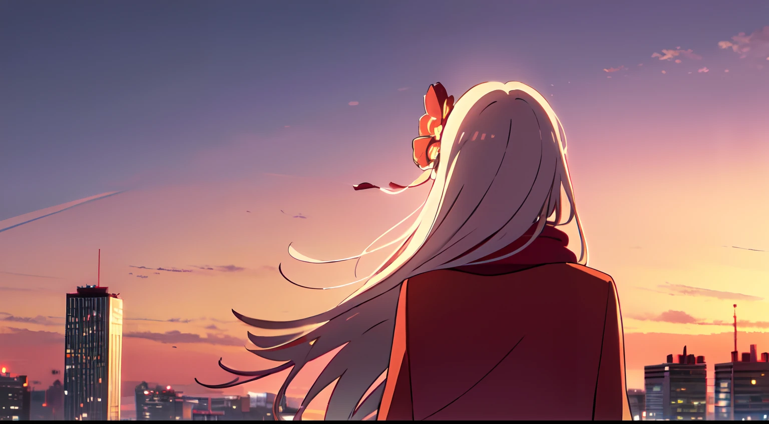 masterpiece, best quality, 1lady, solo, very long white hair, blowing hair, (red flower hair ornament), earrings, maroon winter coat, blowing scarf, behind view, back view, close up, sunset scenery, city