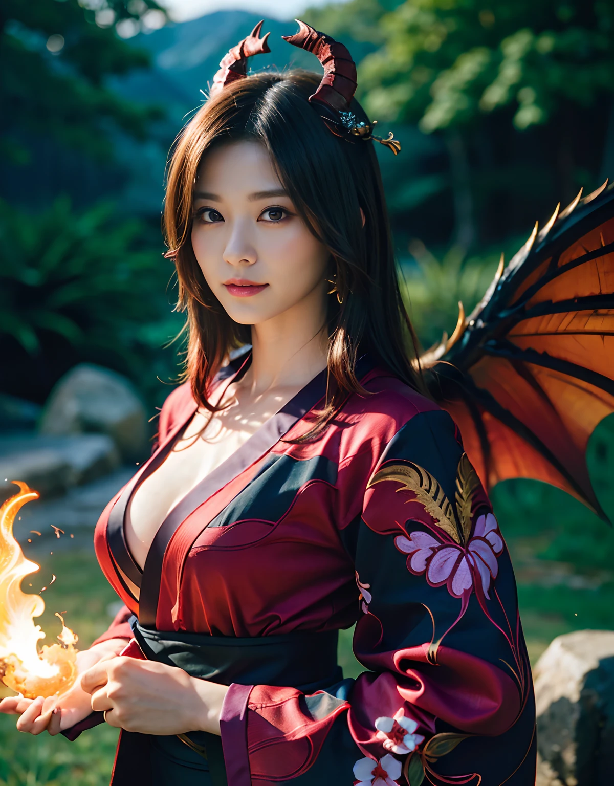 (((masutepiece,))),Professional , ​masterpiece、top-quality、photos realistic , depth of fields 、Raw photo、女の子1a person、glowy skin、（sexypose）、(Black maple on the background of full bloom),（Ultimate Beauty）、A dark-haired、Mystical expression、Light Effects、intense fighting、Wind-effect、ultrasharp、（shrine background)、（Kimono with beautiful pattern）、（Midnight background）、Beautiful hair ornament on the head、,(intense fighting）,（（Precipitous cliffs））,(Wear a beautiful kimono),（Wear a colorful and beautiful kimono）、cleavage of the breast、（Japan Castle Background）、Jewel Gold Weapon、Particles of light),(intense fighting）、Gorgeous jewelry hair ornaments on the head ,Castle background、（（ Gorgeous Dragon Sword）） , （a dark night）,,（maikurobikini） 、（（Black Haired Beautiful Girl））、（Castle background）、（demonic wings）、（（Gangle's forest background））、Beautiful Caucasian beauty、１a person、dynamic ungle,(((Two devil's horns on the head)))、Smaller head、Idle Smile、Thin and beautiful female hands、Mystical expression、Light Effects、intense fighting、Wind-effect、magic circles、With the legendary magic wand、Dragon's tail、Anatomically correct fingers、Full Body Angle、Anatomically correct number of fingers、