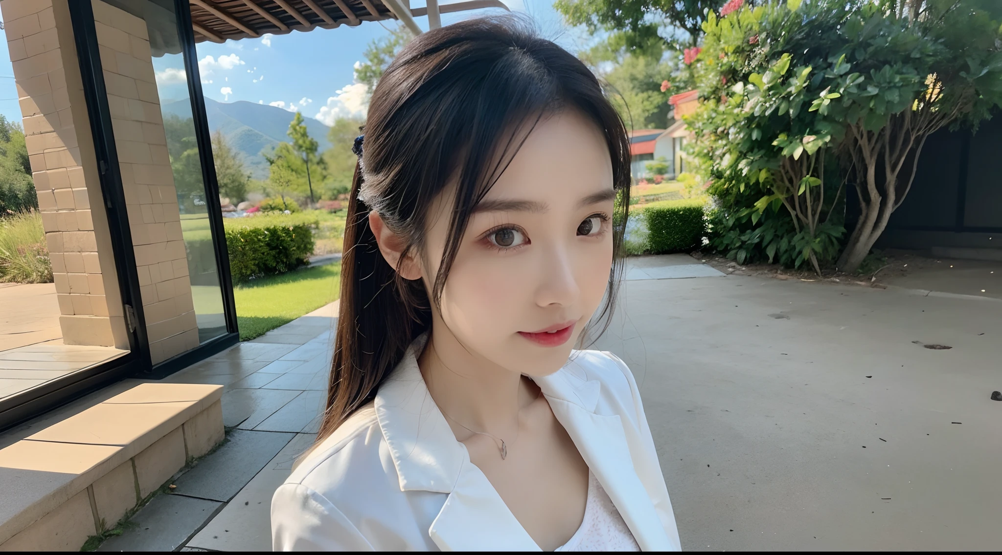 (High-resolution 8K raw photos are realistic,best qualtiy,),A Chinese woman,(The shirt，Patterned suit，Stylish letters，name badge),long whitr hair,Skinny and small,beautidful eyes,Super detailed face,Beautiful woman,tight-fitting,Big breasts Thin waist,Teenage uncensored,cute female child,Glowing skin,20yr old,(waterfallr，florals，grassy)，Sharpen,Chiffon,Front light，rays of sunshine，Solo，Perspectiva subjetiva,(中景 the scene is，A half body：1.3),Focus on the face,Microlenses，Tattooed with，(solo person，solo),Solo,shot from a far distance