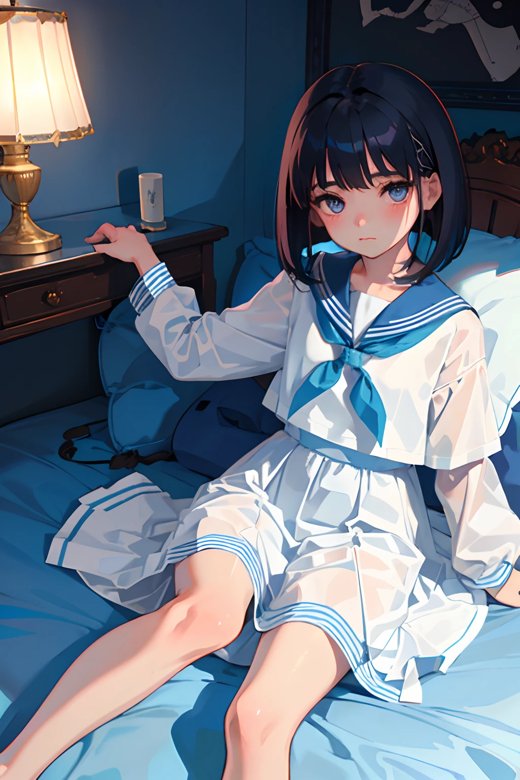 wariza，（​masterpiece，Highest Quality），(child)，((Light blue sailor suit，long  skirt))，(A dark-haired，Medium bob)，Light pink eyes，embarrassed from，sleepy expression，Delicate body，School