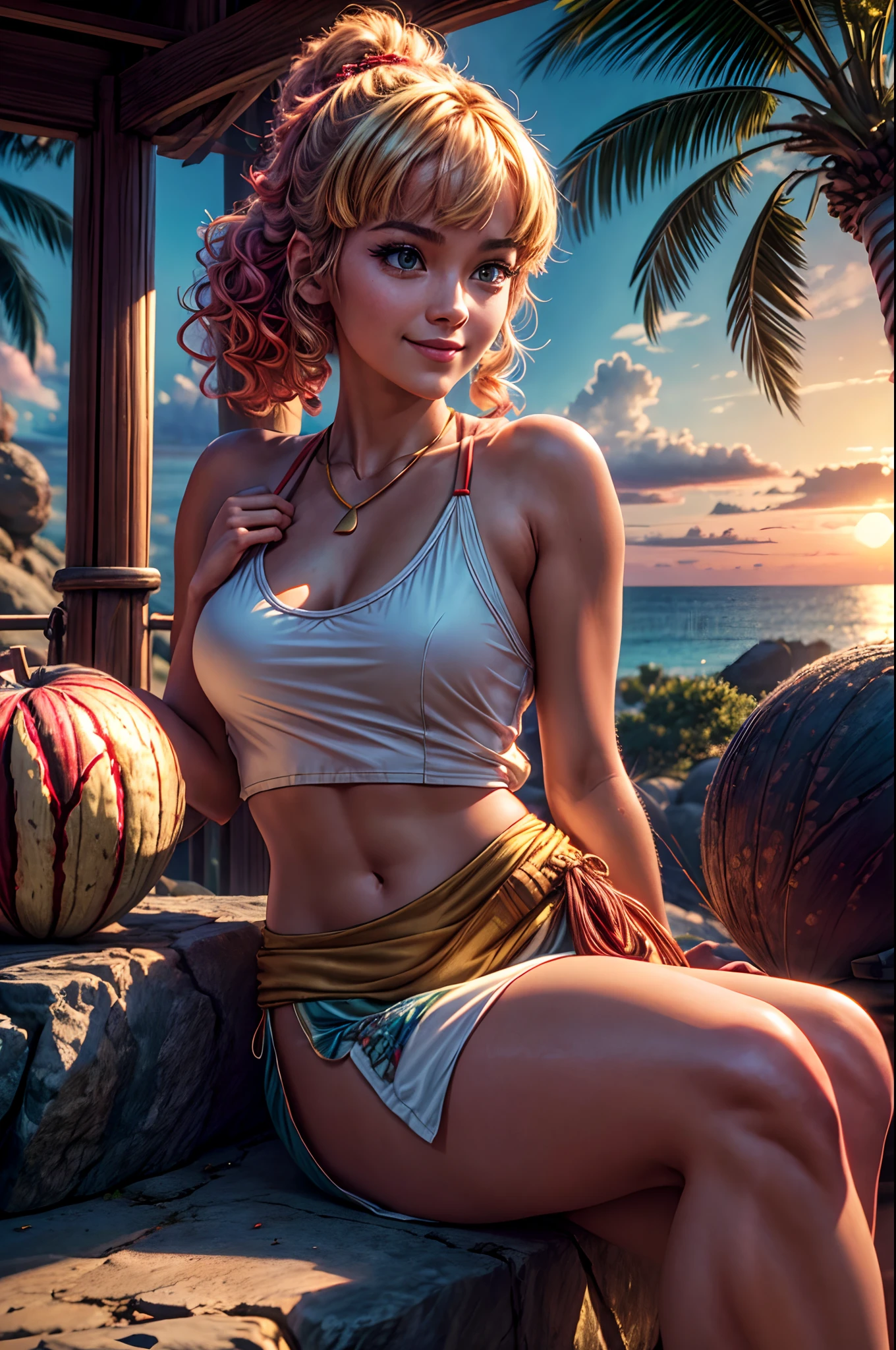 (masterpiece), best quality, (extremely detailed CG unity 64k wallpaper), ultra-high resolution, ultra-high definition, maximalist, 64k UHD, highres, intricate, intricate details, highly detailed, finely detailed, ultra-detailed, ultra-high texture quality, detailed textures, ultra-high pixel detail, (ultra-realistic:1.3), official photo, HDR, DSLR, photography, people photography, professionally color graded, Fujifilm XT3, RAW photo, uncompressed images, shallow depth of field, full color depth, sharp focus, 1990s movie still, rollei, shadows BREAK amazing, gorgeous, red, thrilling scene, lines, portrait, (kamisato_ayaka woman in the intricate tank top, on the sunset rock, golden white lush curls, wide smile, palm tree, coconuts), expressive