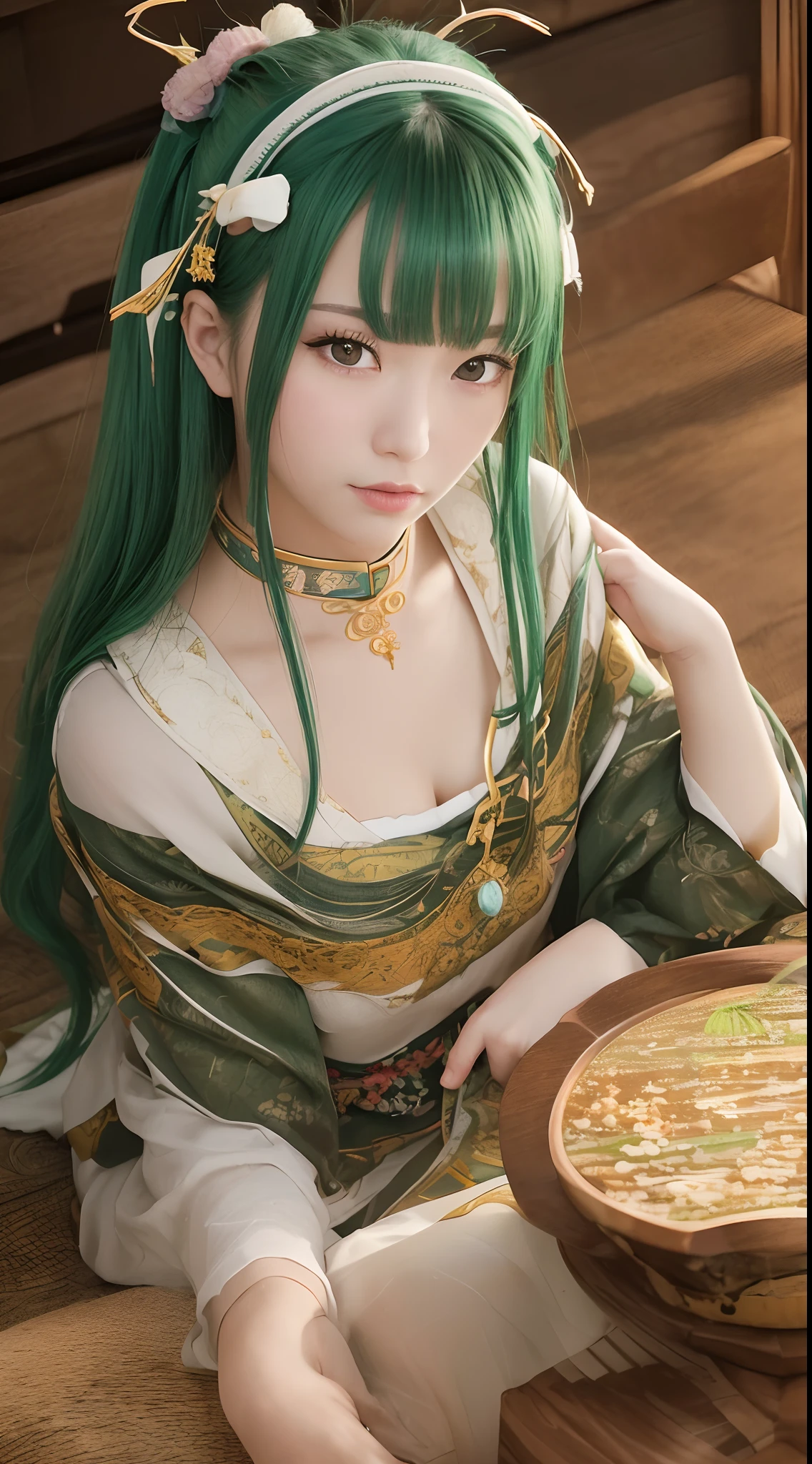 (Best quality,4K,8K,A high resolution,Masterpiece:1.2), super ultra detail, (Photorealsitic,Photorealistic,photo-realistic:1.37), Bokeh, Green-haired beauty, Vertical yellow pupils, deer antlers, maid costume, Soft lighting, Playfully and gracefully bent over, Sharp focus, ultra-detailliert, Ethereal, Traditional Chinese landscape painting, Vibrant colors, Soft lighting.
