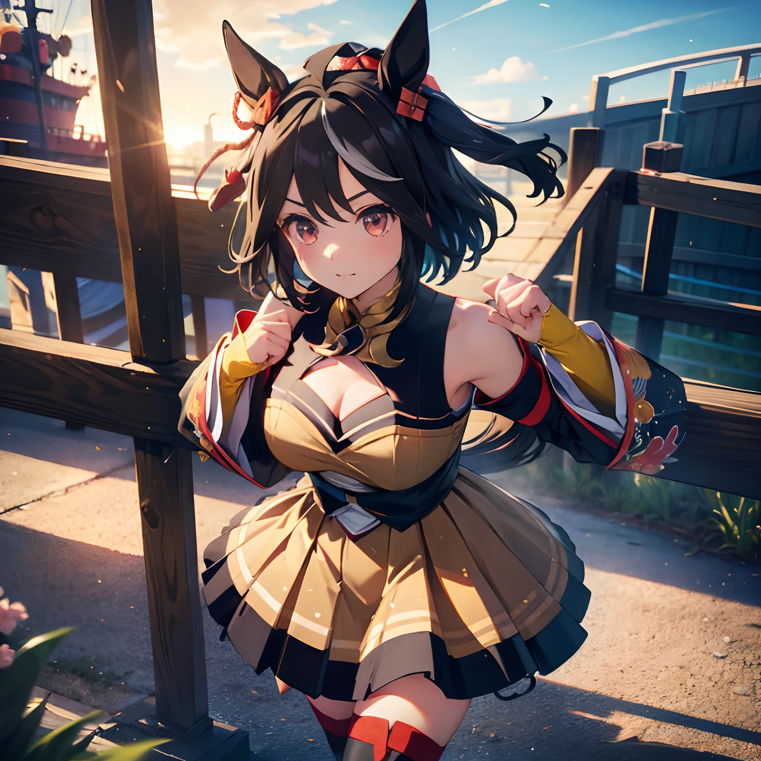 「masterpiece,top-quality,a closeup,Face Shots,kitasan black_(Umamusume), 1girl in,Animal ears ,Horse ears ,Horse Girl ,Horse tail,masutepiece, Best Quality,Hair Ribbon, Hair Ornament, Fingerless gloves, yellow gloves, Komono, Long sleeves, Wide sleeves, Detached sleeves, Bare shoulders, Clothes Cutout, cleavage cutout, Kohaku ship, Brown skirt, Pleated skirt, zettai ryouiki, black thighhighs, Sandals, red footwear, 」