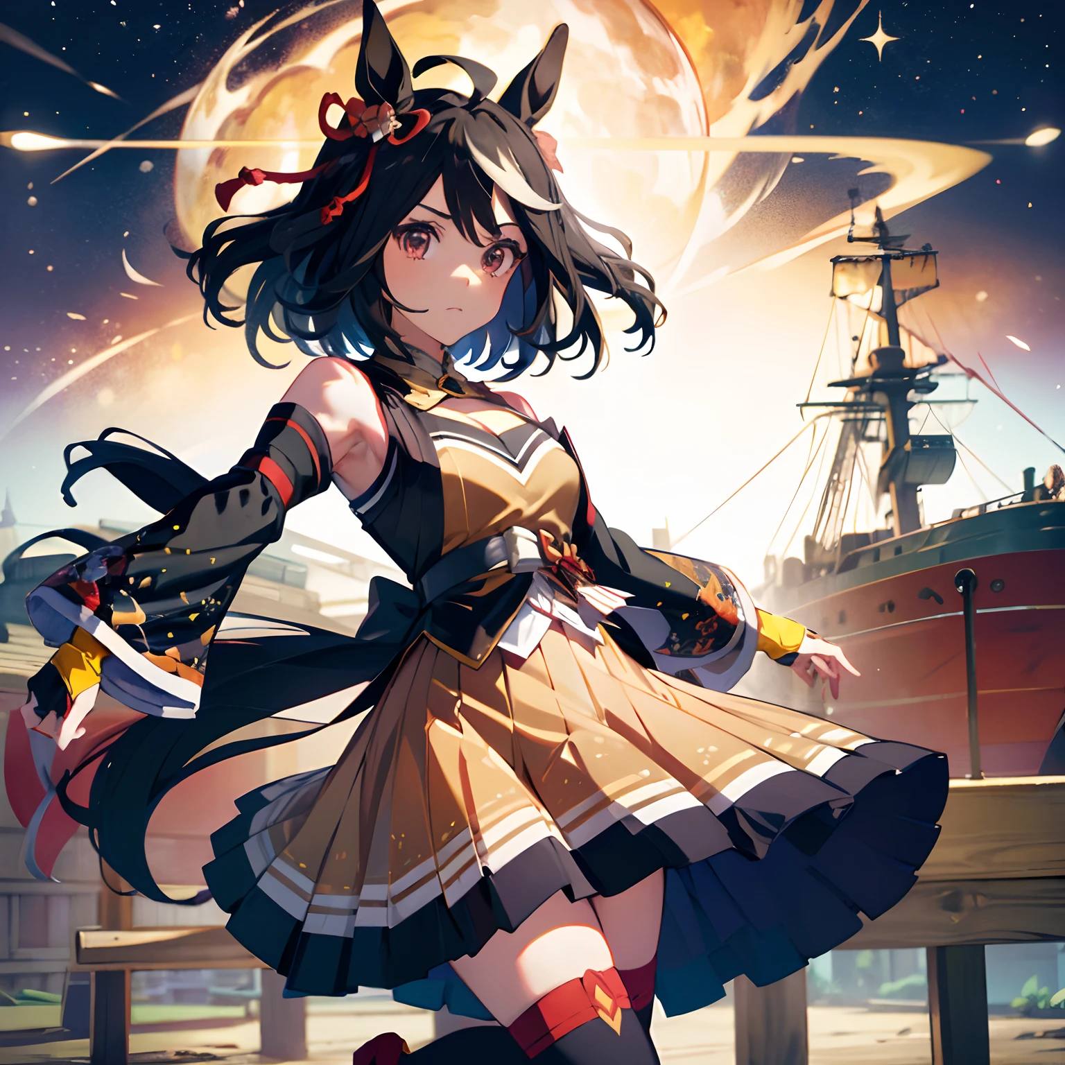 Striped kimono, boots, Sengoku period, thick eyebrows, (huge backpack: 1.5), (dark skin: 1.3), brown skin, movie lighting, small, rabbit ears, (master master masterpiece), ((best quality)), (super detailed), shiny skin, full body anime girl, clean and detailed anime face, high resolution anime eyes, five fingers, textile shading, Perfect human structure, perfect anatomy,