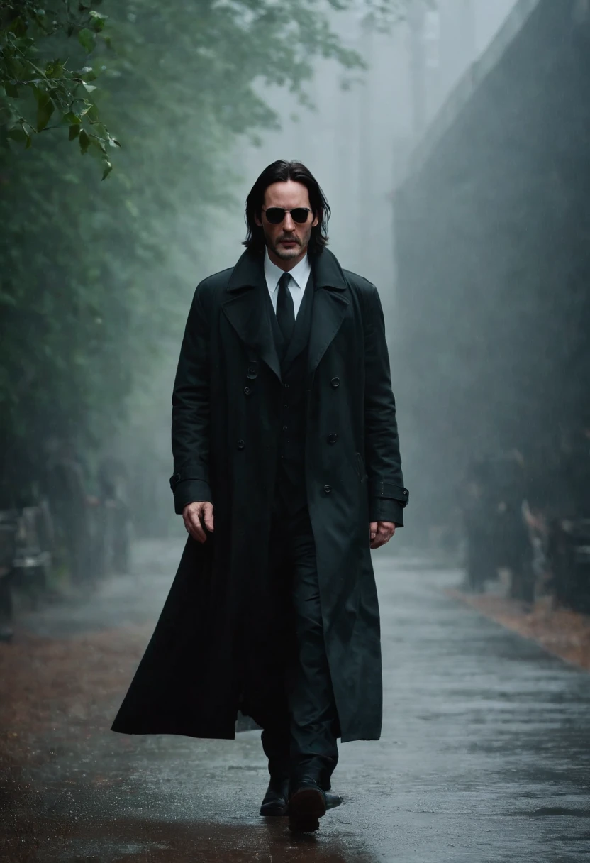 Keanu Reeves,Wears a long black trench coat,With sunglasses,heavy rain,Ready to take off,blurred lens,F1.2 apertures,Light green tones,the rule of thirds, Tonal color scheme, pastel green, Contemplative silence, Bokeh, Mystery, Horror, unholy, eerie,Heavy fog,Creepy,Strong chiaroscuro,Surrounded by a lot of agents in black suits,Cyberpunk Style
