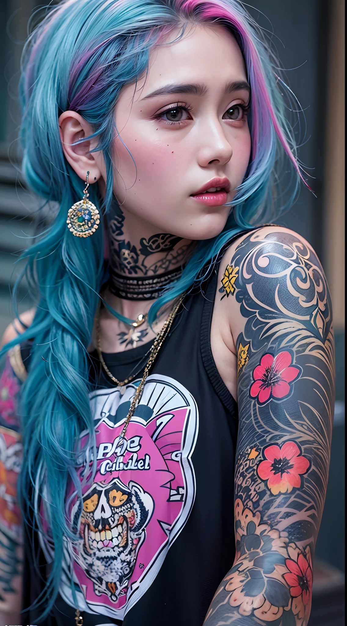 inner colored hair、The tattoo、piercings、Street fashion