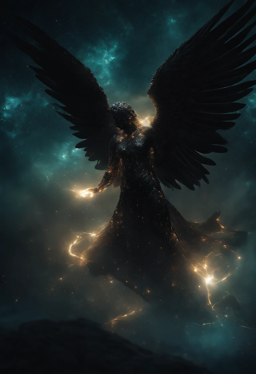 cosmic fallen angel, black eyes, Biomechanics, strange, scary, Nightmare, black colors, lights particles, with bright light, black cover, Mshiff, Wallpaper art, UHD wallpaper