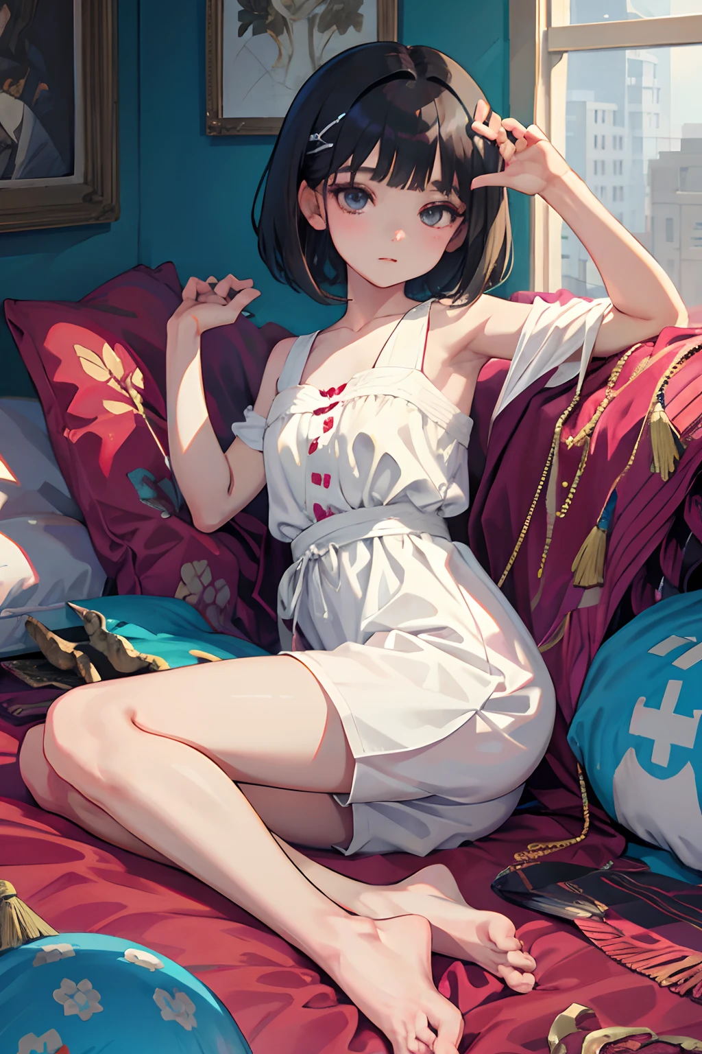 wariza,child,(masterpiece,Highest Quality),shortpants,Border pattern,Boa fabric,Sleepy face,Round eyes,A dark-haired,Semi-long bob,bare-legged,in a house