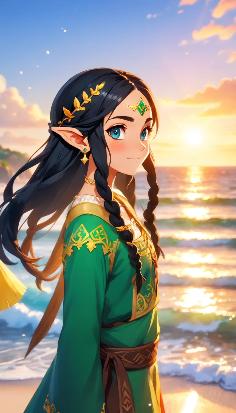 An ethnic elf girl with black braids, in ethnic clothes, walks along the seashore in clear weather multilayered realism, witchcore, eerily realistic, jarbres on her neck, a sweet smile, symmetrical eyes, a kind look, the light of soloists, confetti, multicolored fireworks around, bokeh,sparkling, splendid, colorful, magical photography, dramatic lighting, photo realism, ultra - detailed, 4k, Depth of field, High - resolution