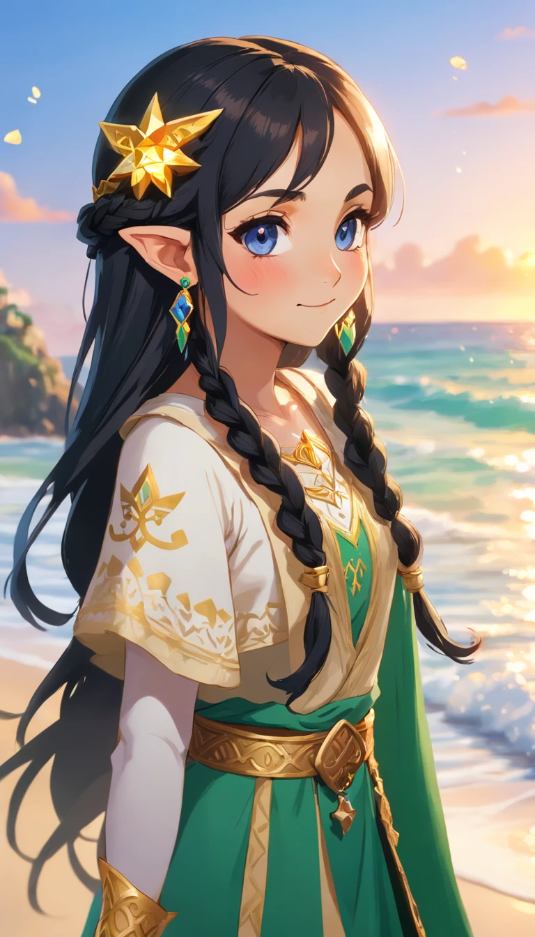 An ethnic elf girl with black braids, in ethnic clothes, walks along the seashore in clear weather multilayered realism, witchcore, eerily realistic, jarbres on her neck, a sweet smile, symmetrical eyes, a kind look, the light of soloists, confetti, multicolored fireworks around, bokeh,sparkling, splendid, colorful, magical photography, dramatic lighting, photo realism, ultra - detailed, 4k, Depth of field, High - resolution