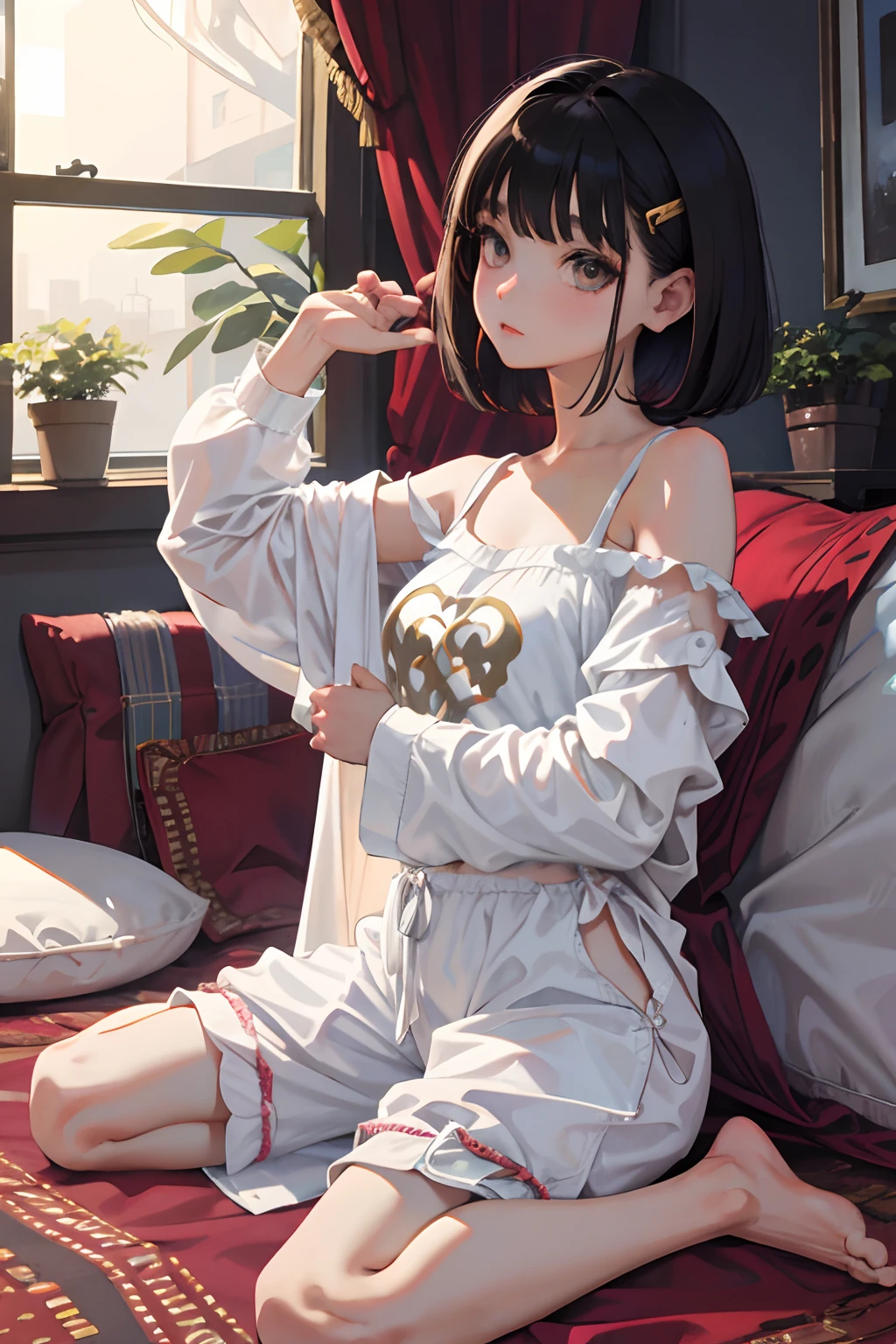 wariza，child，（​masterpiece，Highest Quality），Border pattern，Boa Fleece Loungewear，shortpants，Sleepy face，Round eyes，A dark-haired，Semi-long bob，bare-legged，in a house