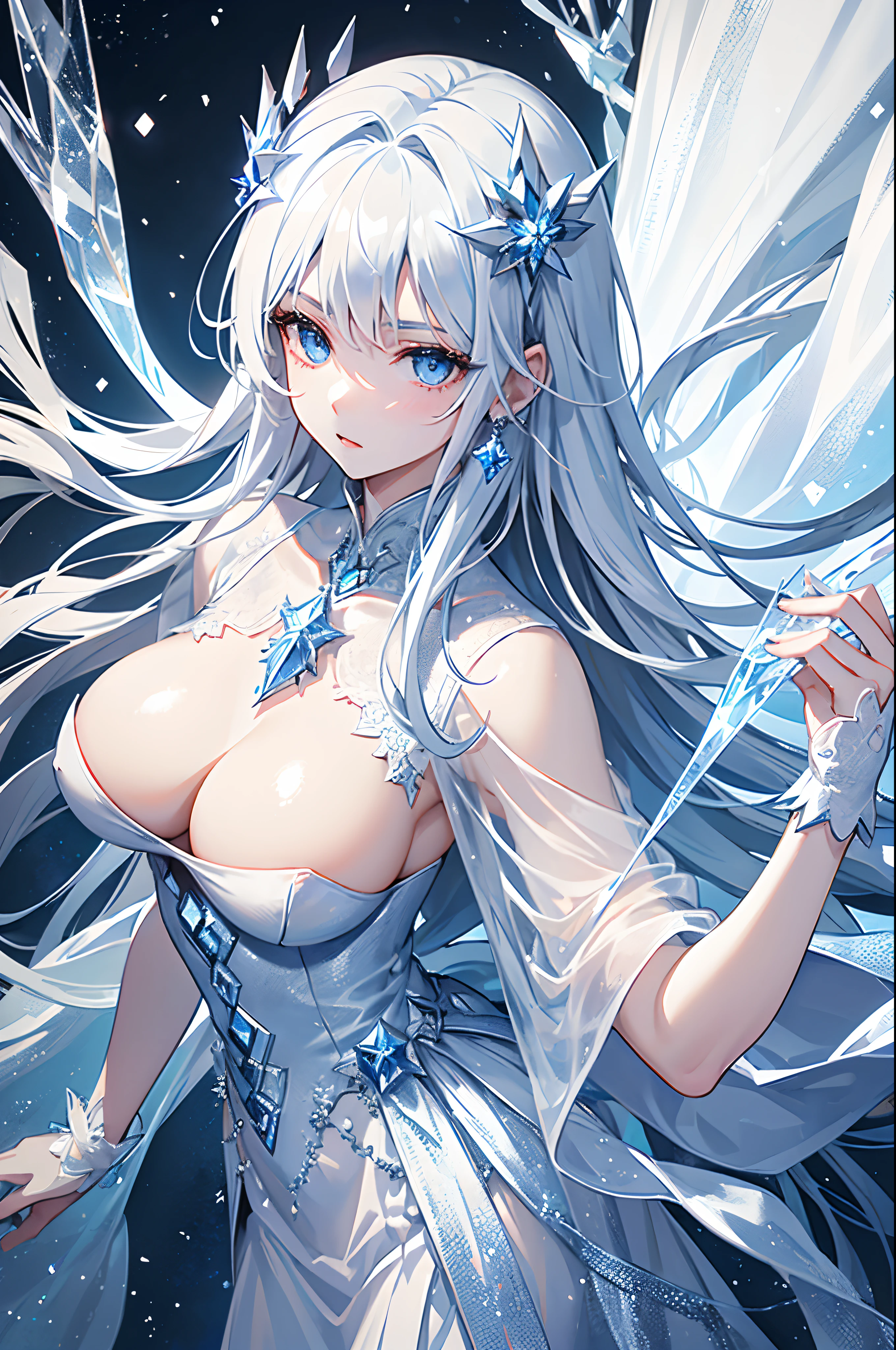 masterpiece, highlydetailed, ultra-detailed, cold, solo, (1girl), (pale skin), icyblue eyes, frosty white hair, cool Chara, flat face, young lady, lady chara, medium boobs, Arrogant, confident, cold face, goddess, cool kuudere girl, sharp eyes, (snowy background), snowflakes, (frozen flowers:0.5), (crystal crown), (sparkling ice crystals), (transparent ice dress), (snow-covered ground), (icy breath)