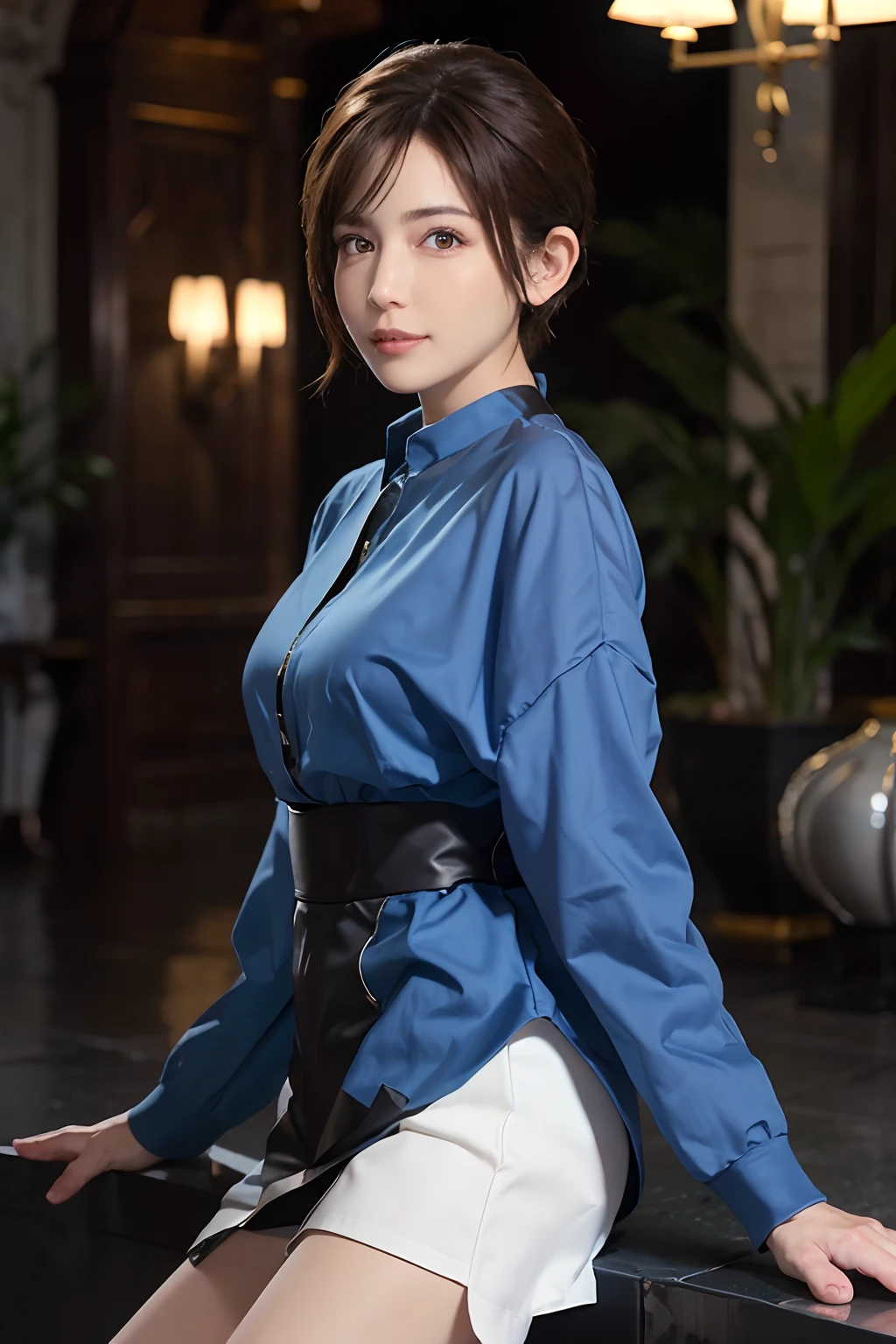 king Arthur, (business shirts, pleated skirt:1.2), bangs, ponytail, fluttering hair, long wavy hair, long curl hair, blush, gentle smile, tall stature, (flat chest:1.8), (huge hip, thick thighs:1.4), upper body from below, hands on hip, abandoned castle ruins, sunset